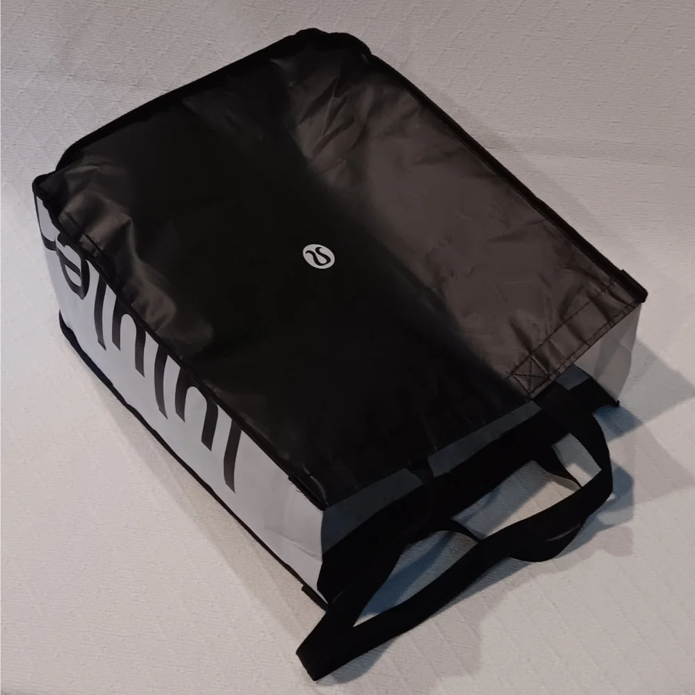 Lululemon Reusable Tote Bag with Snap-On Button and Handles Black White